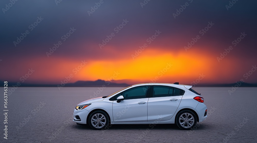 A white car is parked in front of a beautiful sunset A white car is parked in front of a beautiful sunset