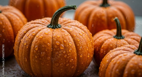 Wet orange pumpkins with raindrops on dark background, fresh harvest and copy space