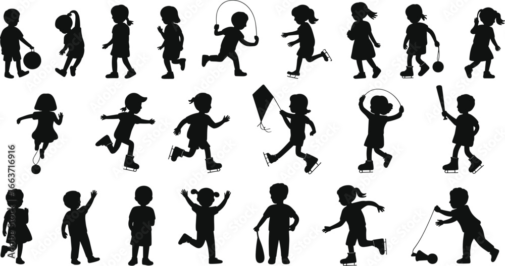 Naklejka premium Children silhouette vector, kids playing sports, outdoor activities, fun movement, childhood motion graphic, active lifestyle illustration, happy energetic youth scene