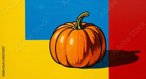 Orange pumpkin on bright background with blue and red sections, vibrant colors and copy space