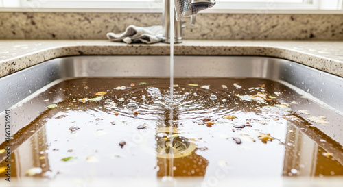 Clogged Kitchen Sink Overflowing with Dirty Water and Food Scraps from Running Faucet