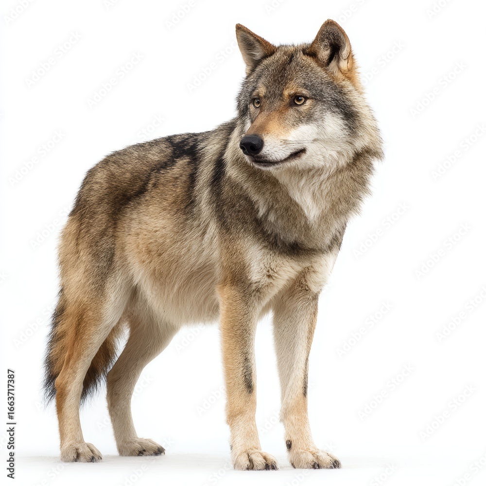Fototapeta premium A majestic wolf stands with a composed demeanor, its gaze directed towards the side. The wolf's features exude a captivating presence