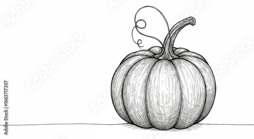 Sketch of pumpkin with curly stem on white background for artistic illustration concept