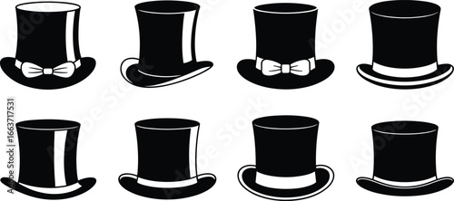 Classic black top hat silhouettes collection, vintage gentleman hats, formal fashion icons, elegant bow tie accessories, Victorian style clipart