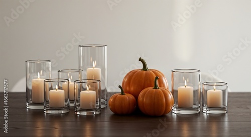 Autumn decorations with candles and pumpkins on wooden table for cozy atmosphere concept