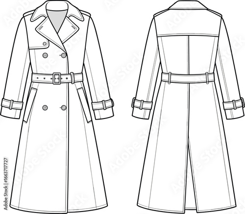 Classic long trench coat front and back view, belted double-breasted design, fashion outerwear sketch, CAD drawing flat vector illustration.