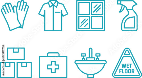 Set of Cleaning Equipment, Box, Sink, Wet Floor Isolated on White Transparent Background