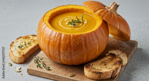 Pumpkin soup in carved pumpkin with toasted bread on wooden board for autumn meal concept