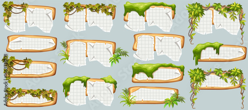 Wooden signboards with old paper, stems ivy, liana, grapes, vine, swamp moss, forest lichen. Set isolated wooden elements with blank, with ragged square graph paper, school math sheet. 