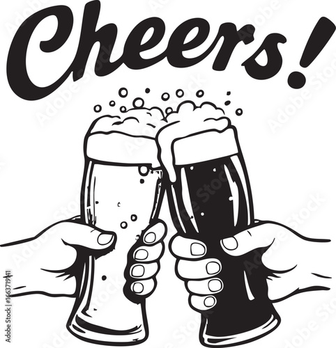 Two hands toasting with mugs of beer with the word "Cheers!" in a black and white vector illustration.

