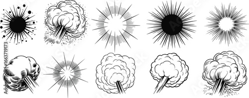 Explosion burst comic effect set, black and white vector starburst, smoke blast, radial lines, cartoon impact, retro pop art style illustration