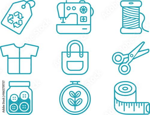 Sewing Machine, Scissors, Buttons, Spool, Recycle Icon in Blue Outline Style