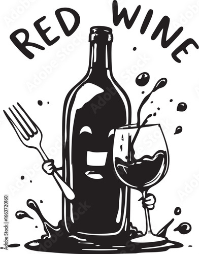 Playful Red Wine Bottle Mascot Holding a Fork and a Glass with Splashes

