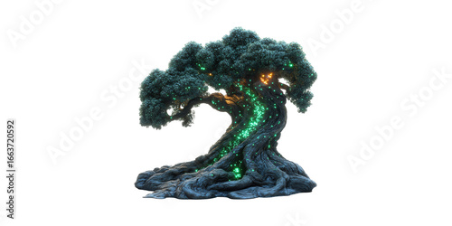 Enchanted Tree With Glowing Lights. Fantasy And Magic Concept Isolated On Transparent Background