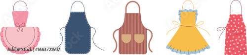 Colorful kitchen aprons in various styles, cooking outfit collection, domestic workwear, vintage and modern apron design, vector illustration clipart