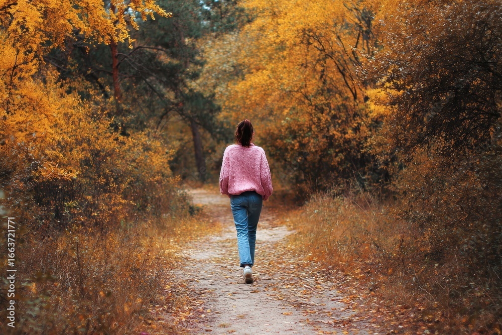 Fototapeta premium Young Woman Strolling Down a Scenic Forest Path Amidst Autumn Leaves