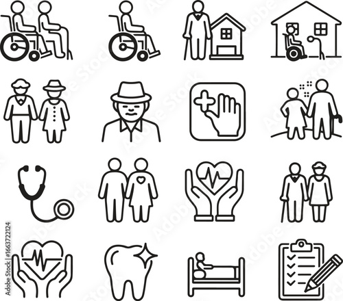 Elderly line icon. Senior, pension, care, retirement icons set. Editable vector