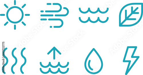 Teal Environmental Icon Set with Sun, Wind, Waves, Leaf, Steam, and Lightning