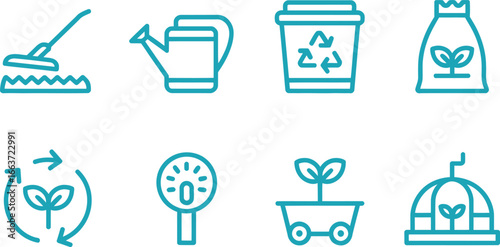 Teal Gardening Icons Line Set Tilling, Watering Can, Recycling, and More on White