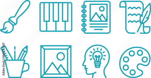 Teal Icon Set with Paintbrush, Pencils, Keyboard, Notepad, and Idea on White
