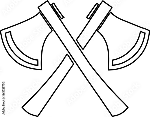 Outline crossed axes vector symbol in black on white, ideal for lumberjack logos, camping emblems, outdoor adventure badges, and rustic woodworking branding.
