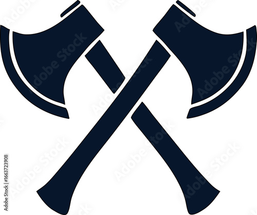 Crossed axes black silhouette icon on white background, perfect for camping logos, lumberjack emblems, outdoor adventure branding, and survival graphics.
