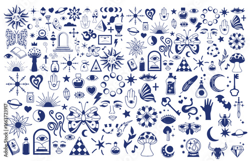 Magic background in retro style with hand drawn elements. Decorative mystical vector isolated pattern. editable stroke stickers. Esoteric element in minimalism. Collection of occult symbols tattoo art
