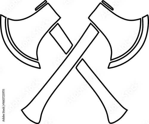 Minimalist crossed axes outline icon, perfect for forestry symbols, hunting club emblems, camping gear branding, and outdoor survival graphics.