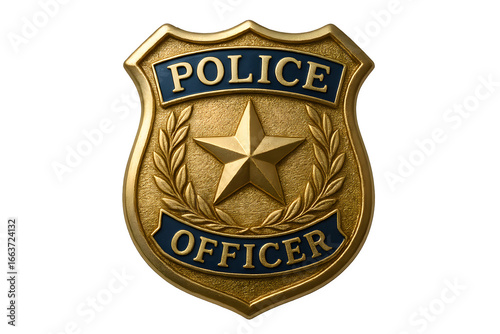 police shield badge in metallic gold and blue enamel, isolated on transparent background, stock PNG style