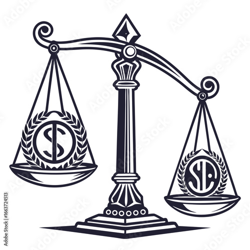 Scales of Justice with Dollar Sign and Stock Symbol SD Illustration