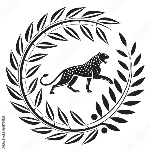 Black Panther Silhouette in Laurel Wreath Vector Illustration for Logo or Design