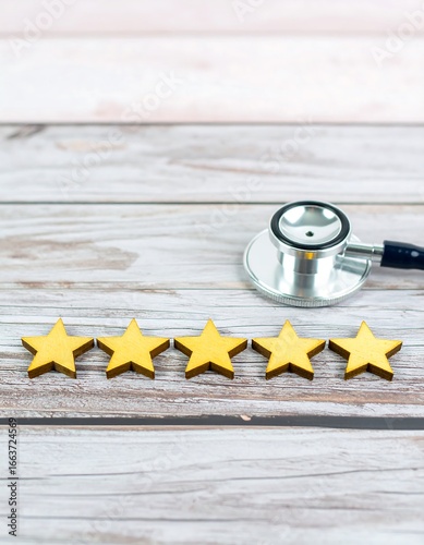 Five gold stars and a stethoscope on a light wood surface