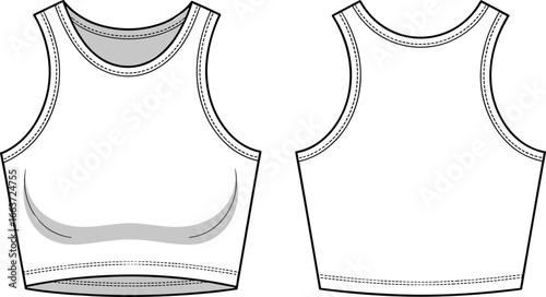 Crop top CAD drawing, flat vector illustration, sleeveless activewear design, technical fashion sketch, sportswear template, garment outline, clothing mockup, production-ready apparel file
