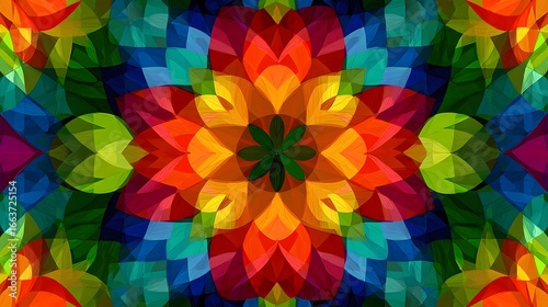 Digital art pattern of kaleidoscope symmetry using saturated rainbow palette 
