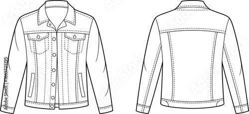 Detailed denim jacket vector illustration showing front and back views with stitching, buttons, pockets, collar, and cuff design in black and white line art.