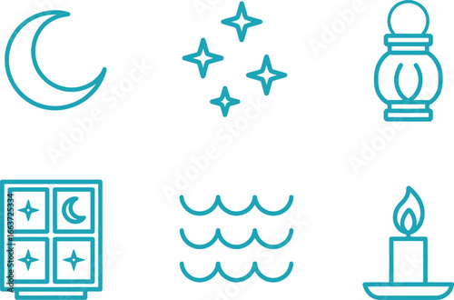 Teal Moon, Stars, Lantern, Window, Waves, Candle Icons Isolated on White Background