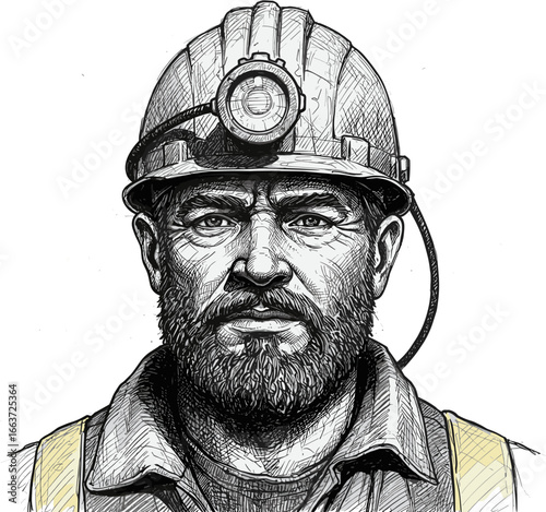 Miner with helmet and headlamp, looking serious in sketched style  