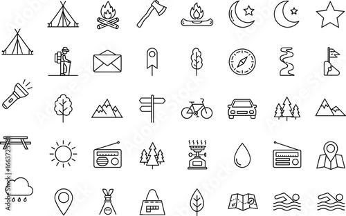 Camping and outdoor activity icon set featuring tents, campfires, navigation, and nature symbols for travel, hiking, and adventure design projects