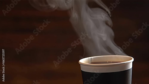 Close up of a steaming hot coffee cup on a dark wooden background