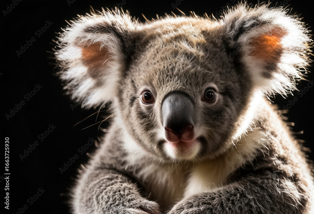 Fototapeta premium Highly detailed photo of a baby koala on a black background
