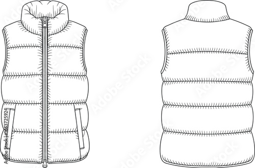 Front and Back View of Puffer Vest – Technical Fashion Flat Sketch for Apparel Design, Outerwear Clothing Templates, and Garment Illustration