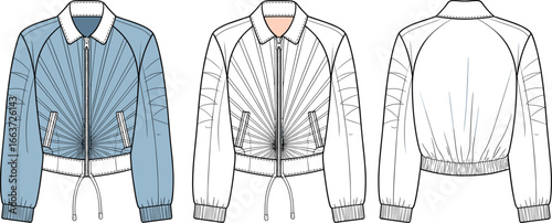 Cropped bomber jacket, ruched front zip design, drawstring hem CAD, technical fashion sketch, flat vector apparel template, outerwear fashion illustration