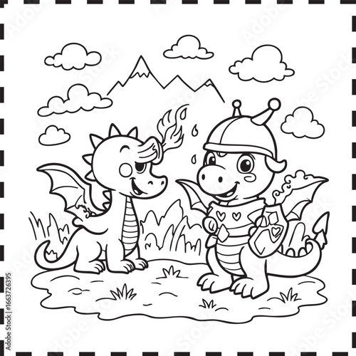 Two friendly dragons in a mountainous landscape fantasy