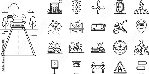 Transportation and road safety icon set featuring vehicles, traffic signs, collisions, pedestrians, and travel tools for mobility and infrastructure design projects