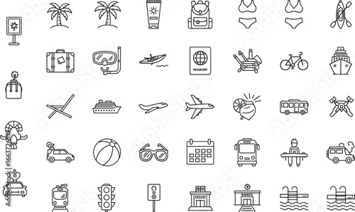 Travel and vacation icon set featuring beach, transport, luggage, and leisure symbols for tourism, summer, and adventure design projects
