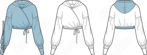 Cropped drawstring hoodie fashion sketch, front and back layout template, cad drawing flat vector illustration, garment design, stylish apparel Cropped
