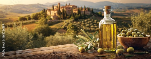 Bottle of Olive Oil with Fresh Green Olives on Wooden Table against Italian Countryside Hills Scenic Mediterranean Background