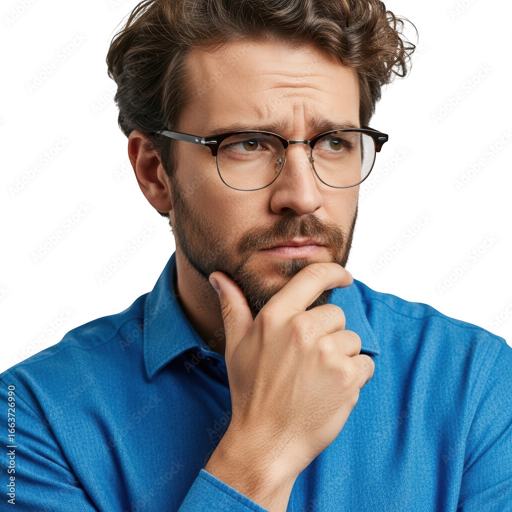 Thoughtful man with glasses pondering a difficult decision with hand on chin transparent background Thoughtful man with glasses pondering a difficult decision with hand on chin transparent background