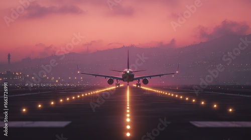 Wallpaper Mural Passenger airplane landing on runway illuminated with bright lights during beautiful sunset, dramatic orange sky, airport approach at twilight, aviation travel scene, evening flight with glowing path Torontodigital.ca
