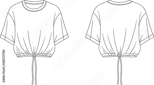 Cropped drawstring t-shirt fashion sketch, front and back view template, cad drawing flat vector illustration, casual garment design layoutCropped drawstring t-shirt fashion sketch, front and back 
